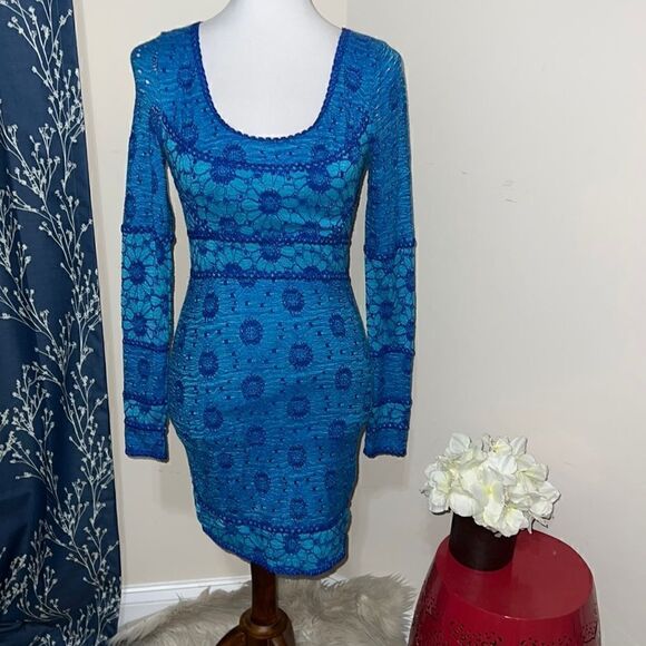 Free People Botanical Forest Long Sleeve Floral Bodycon Dress Blue Daisy sz XS - Picture 1 of 8